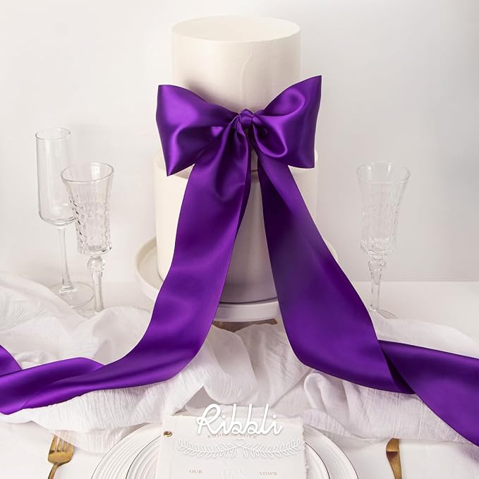 Ribbli Purple Satin Ribbon 4 Inch Wide Purple Ribbon for Wedding Chair Sash Grand Opening Ceremony Big Bows Gift Wrapping Floral Crafts Cake Decor-Double Faced Satin Continuous 10 Yards