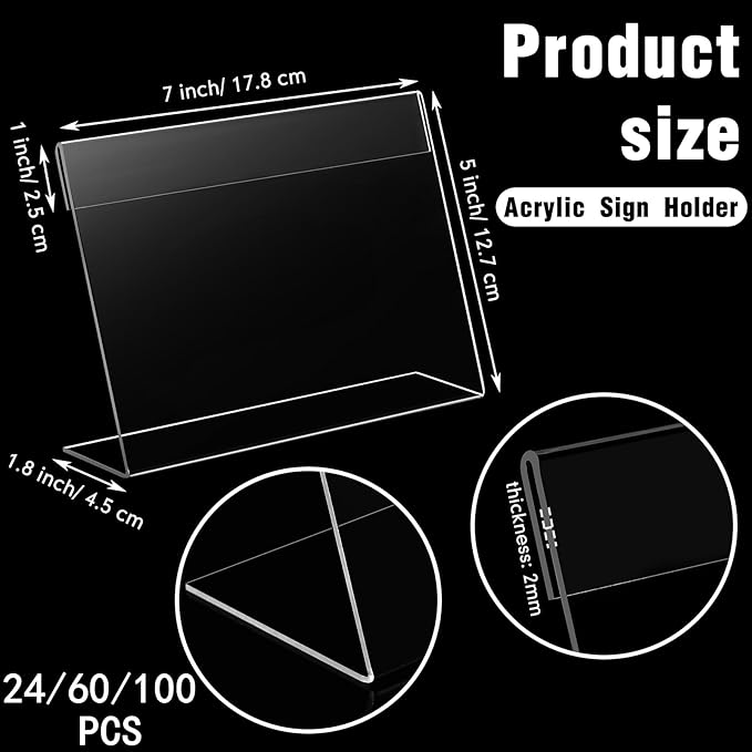 Vicenpal 100 Pcs 7x5 Inch Clear Acrylic Sign Holder Plastic L-shape Vertical Menu Stand, Picture Photo Frames, Table Paper Holder, Flyer Sign Display Stand for Restaurants, Store, Office, Wedding