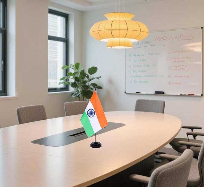 India Desk Flag 12" Solid Pole Deluxe Set Indian Flags Banner Mini Small India Office Table Flags with Black Stand Base Desktop Decorations(2Pack)