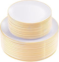 KIRE 100PCS Disposable Plates - White with Gold Rim for Thanksgiving Party/Wedding - Includes 50Pieces 10.25inch Dinner and 50Pieces 7.5inch Dessert/Salad Plates