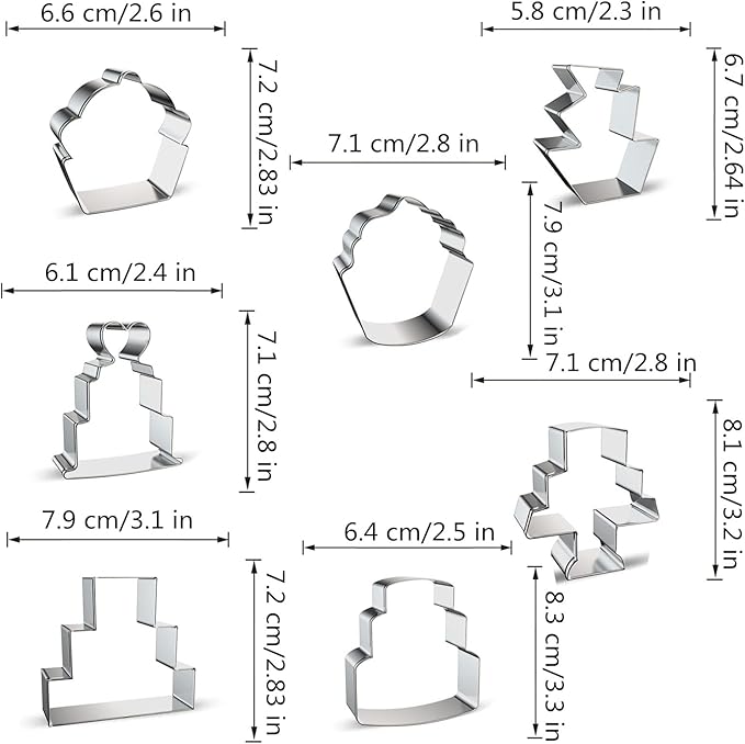 Cake Shaped Cookie Cutters Set of 7 pcs, Stainless Steel Cupcake/Birthday Cake/Wedding Cake Series Fondant Cutter Molds Baking DIY