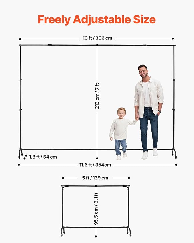 VEVOR Backdrop Stand with Wheels, 7 x 10 ft Adjustable Photo Backdrop Stand Kit, Moveable Background Backdrop Stand, Heavy Duty Projector Screen Stand, for Wedding, Photo Studio & Party