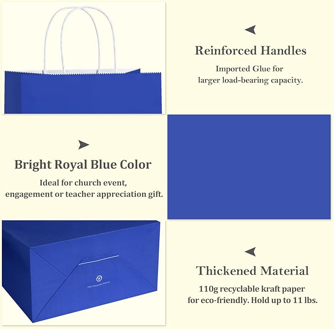 BagDream Royal Blue Gift Bags 10x5x13 Inch 100Pcs Large Kraft Paper Bags Bulk for Shopping, Wedding, Party Favors, Business, Retail, Grocery Paper Sacks with Handles