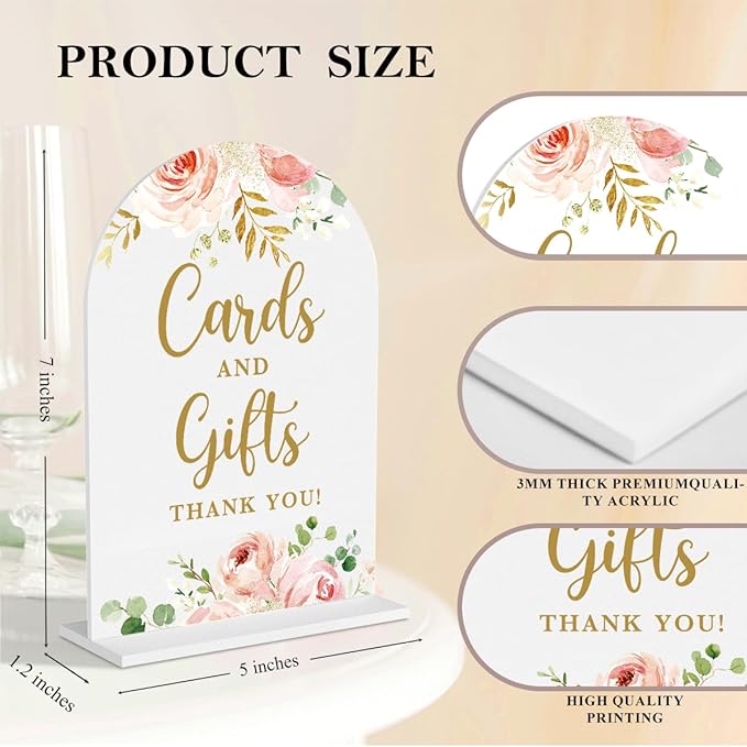2 Pcs Acrylic Wedding Signs for Reception, Bridal Shower Decorations, Cards and Gifts Signs, Guest Book Sign, Arch Acrylic Table Top Sign with Holder for Wedding Reception (White Pink Flowers)