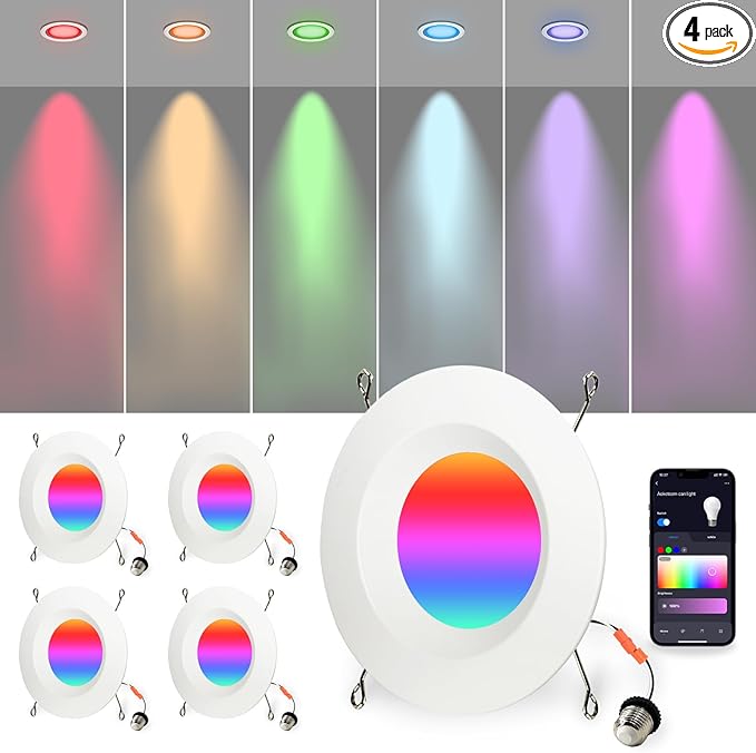 6 inch Smart LED Can Lights with Remote, RGB Color Changing Bluetooth Baffle Trim Downlight, 13W 1050LM LED Recessed Lighting, Compatible with Alexa, Google Home and Siri, 4 Pack