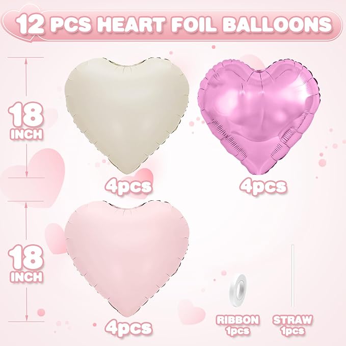 Pink Purple White Heart Balloons,12Pcs 18Inch Baby Pink Purple Cream White Heart Shaped Foil Helium Balloons for Baby Shower Birthday Anniversary Wedding Engagement Party Decorations