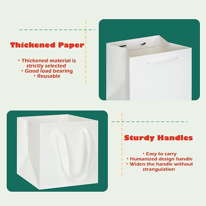 ADIDO EVA White Square Gift Bags Large Size Square Bottom Paper Bags with Handles for Party Favor, Shopping Bag (12x12x12 In, 10 CT)