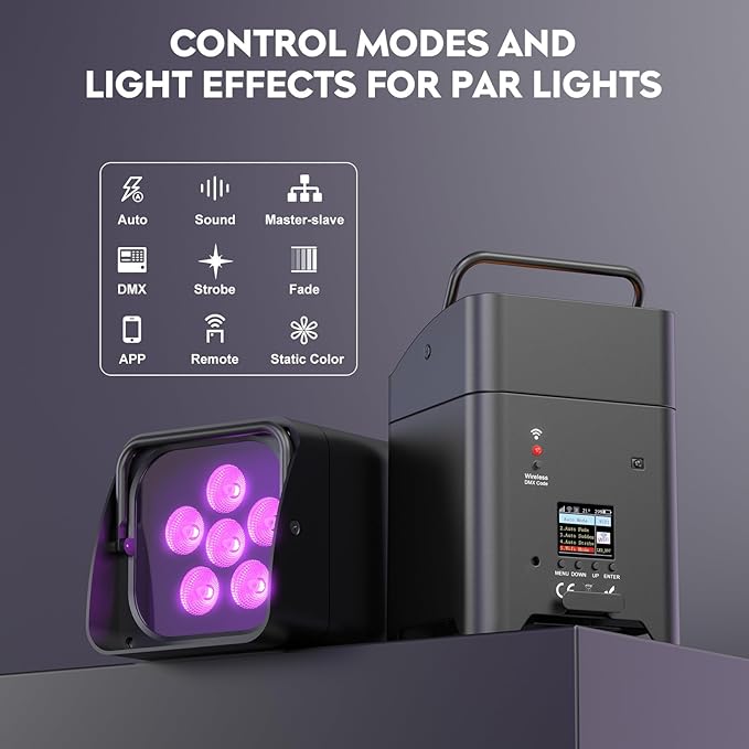 9600mAh Wireless Uplights, 6x18W RGBWA UV Rechargeable Stage Lights, APP/DMX512/Remote Controlled Par Lights, Battery Powered Uplights for Show, Party, Festival, Event, 2 Pack
