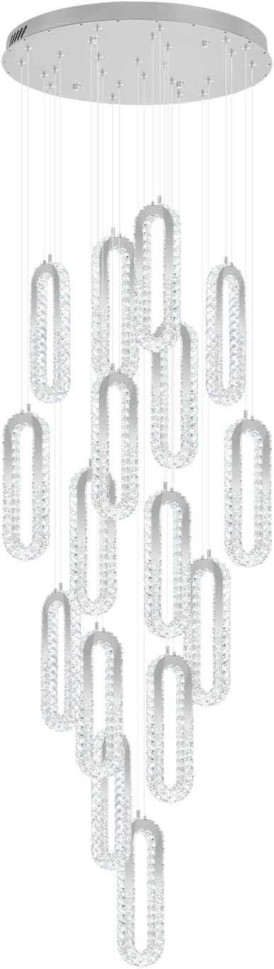 H138 Large Chandelier for High Ceiling,Modern 16-Rings Crystal Chandeliers for Entryway,Silver Pendant Light for Living Room,Foyer,Entryway LED Dimmable Staircase Chandelier