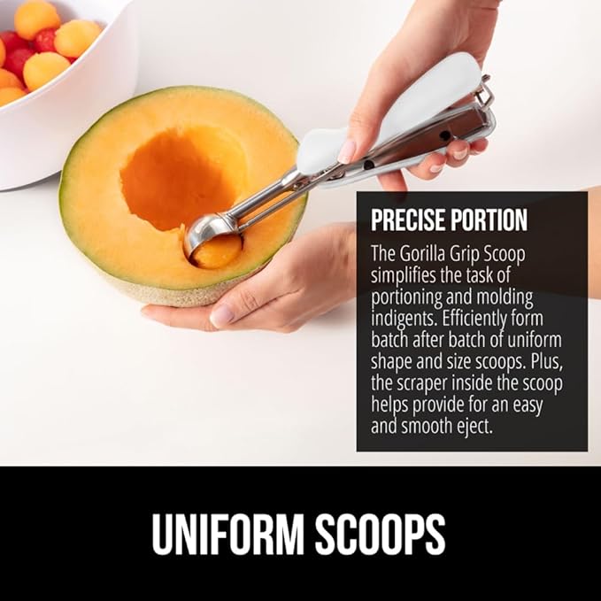 GORILLA GRIP Stainless Steel Multipurpose BPA-Free Spring Scoop, 2 TSP, Melon Ballers, Cookie Dough Scoops, Perfect Portion Sizes, Easy Squeeze and Clean Release, Scooper Size 100, White