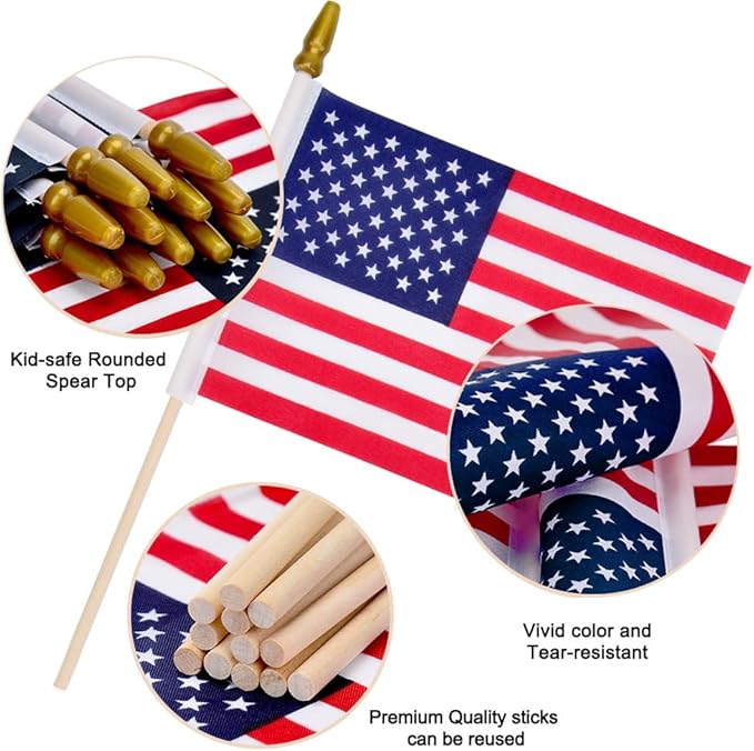 6 Pcs 8x12 Inch American Flags on Stick, Small US Wood Stick Flag with Kid-Safe Spear Top, American Flags for Outside, Memorial Day Decorations, 4th of July Decorations, Veterans Day Decor