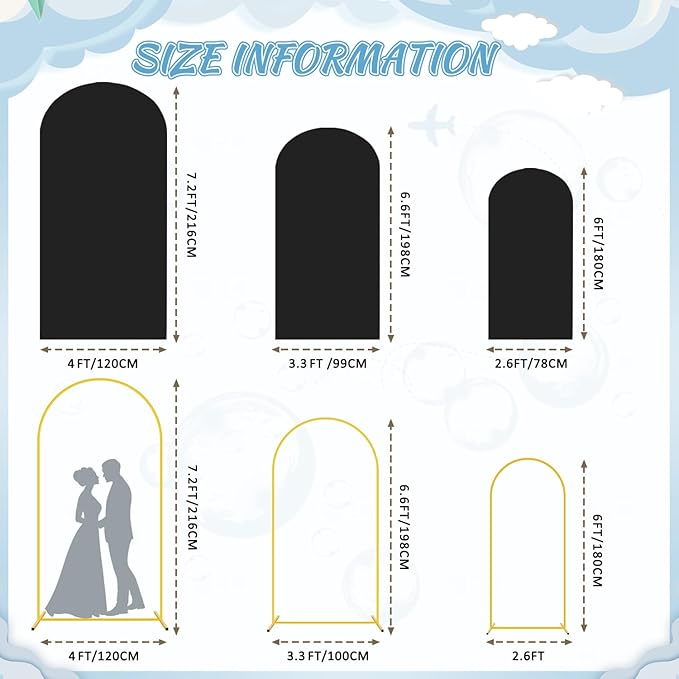 FOTSHARER Wedding Arch Backdrop Stand and Black Arch Covers Stretchy Backdrop Set of 3 (7.2FT, 6.6FT, 6FT) Metal Arched Stand with Spandex Arch Covers for Graduation Ceremony Bridal Shower Event Decor
