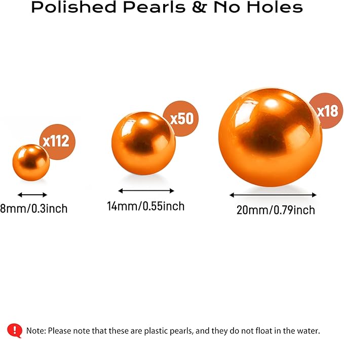 180PCS Orange Beads for Centerpieces Vases, No Hole Polished Pearl Makeup Beads Mixed 8/14/20mm Sizes, Pearl Vase Fillers Table Scatters for Party Wedding Decor