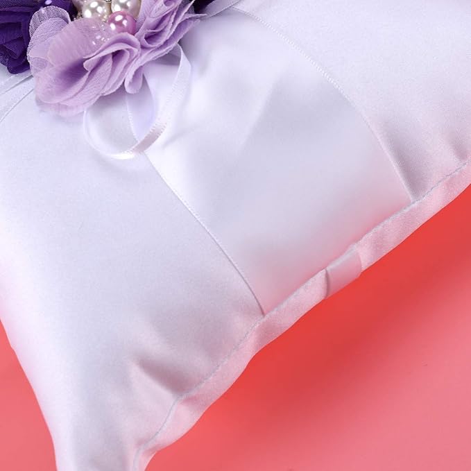 Toyvian 4pcs /Set Ring Bearer Pillow with Pearl Bowknot Flower Girl Basket Wedding Guest Book Table Pen with Pen Holder for Wedding Party Decoration Supplies (Purple Flower)