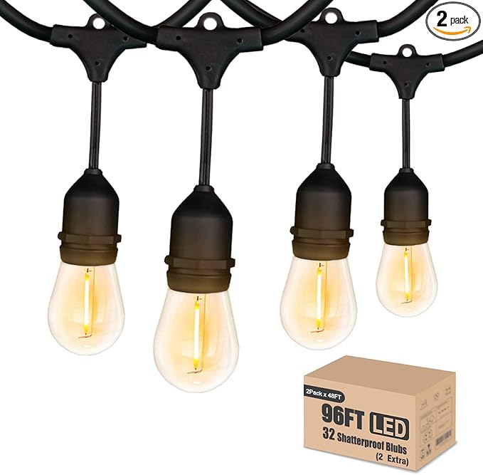 Achin Outdoor String Lights 96FT(48FT*2) Waterproof IP65 LED Patio Lights with 30+2 S14 Edison Bulbs Warm 2200K Hanging Lights Outside Shatterproof String Lights for Outside Bistro, Market, Yard