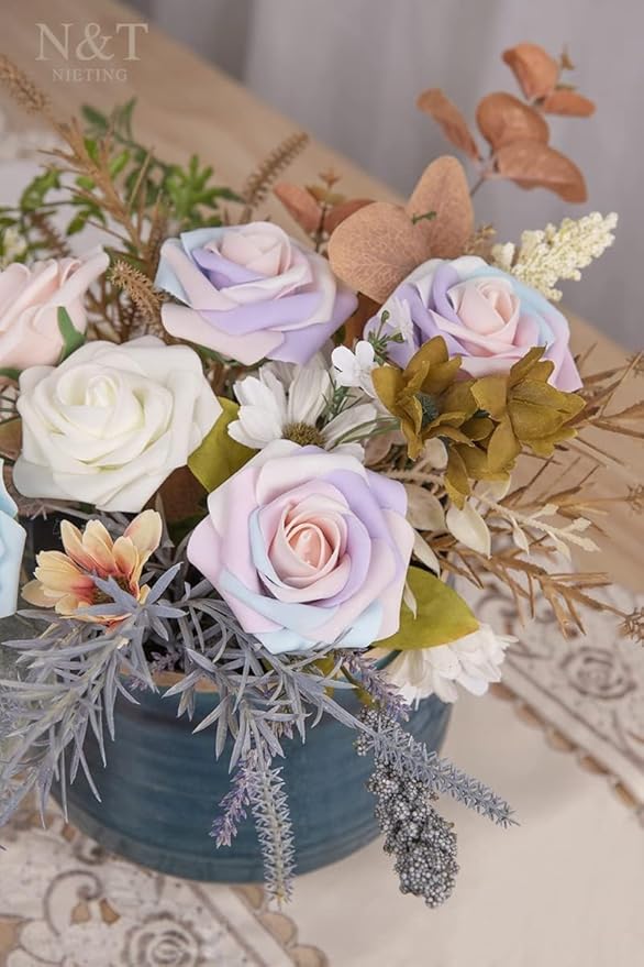 N&T NIETING Artificial Flowers, 25Pcs Fake Flowers Roses Perfect for DIY Wedding Bouquets Centerpieces Bridal Shower Party Home Flower Arrangement Decorations, Rainbow Color