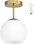 Gold Semi Flush Mount Ceiling Light Fixture Milk Glass Light Fixture Mid Century Flush Mount Ceiling Lights Brass Flush Mount Ceiling Schoolhouse Lights for Dining Room(Bulb Incl.)