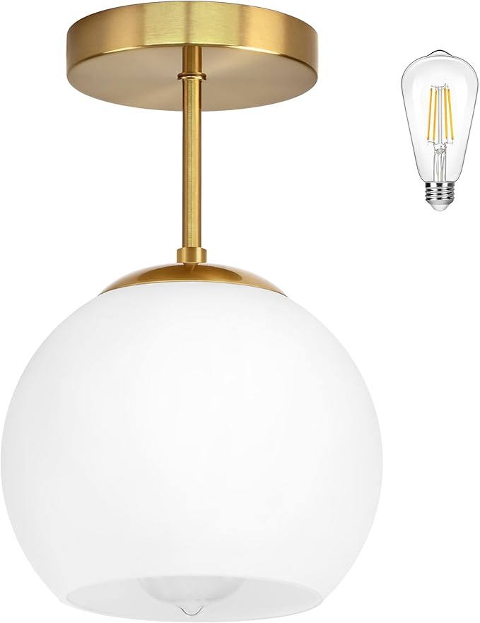 Gold Semi Flush Mount Ceiling Light Fixture Milk Glass Light Fixture Mid Century Flush Mount Ceiling Lights Brass Flush Mount Ceiling Schoolhouse Lights for Dining Room(Bulb Incl.)