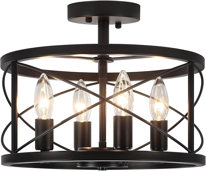 Black Semi Flush Mount Ceiling Light Fixture, 4-Light Farmhouse Modern Ceiling Light, Hallway Light Fixtures, Kitchen Lights, Ceiling Lamp for Entryway Dining Room Bedroom Laundry Lighting UL-Listed