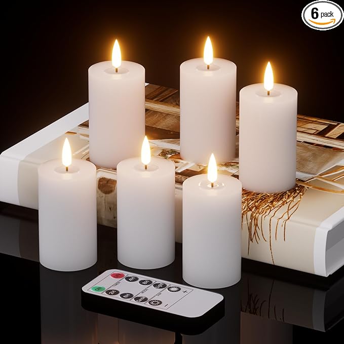 Votive Candles Battery Operated, 6 PCS Real Wax White LED Votive Flemeless Candles with Remote Timer and Flickering 3D Flame, Pillar Candle for Home Wedding Party Decor(1.9” x 4.5”)