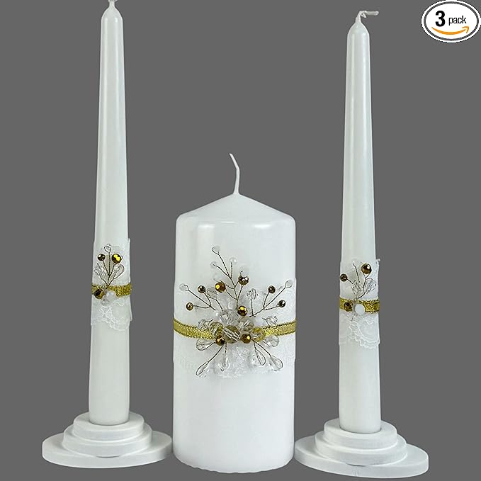 Unity Candle Set - Wedding Ceremony & Reception – 6” Pillar & Two 10” Taper Candles – Long Burning Unity Candles for Marriage Ritual – Handmade in USA – Diamond |Gold