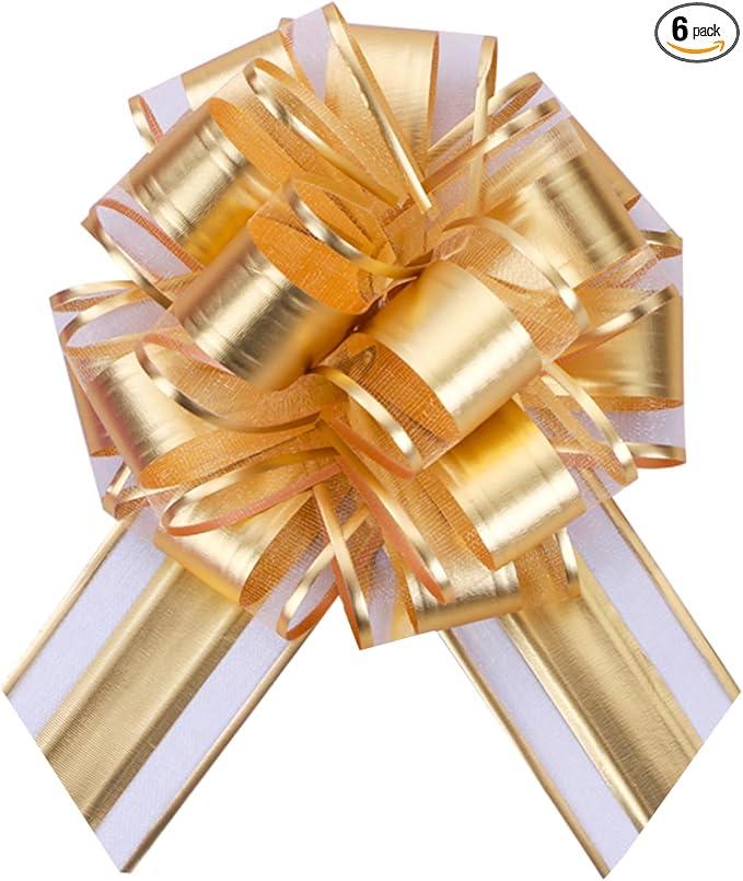 6 PCS 6 Inch Organza Golden Pull Bows - Perfect for Gift Wrapping, Wedding Decor, Car Bows, Birthday Parties, Christmas, and Valentine's Day