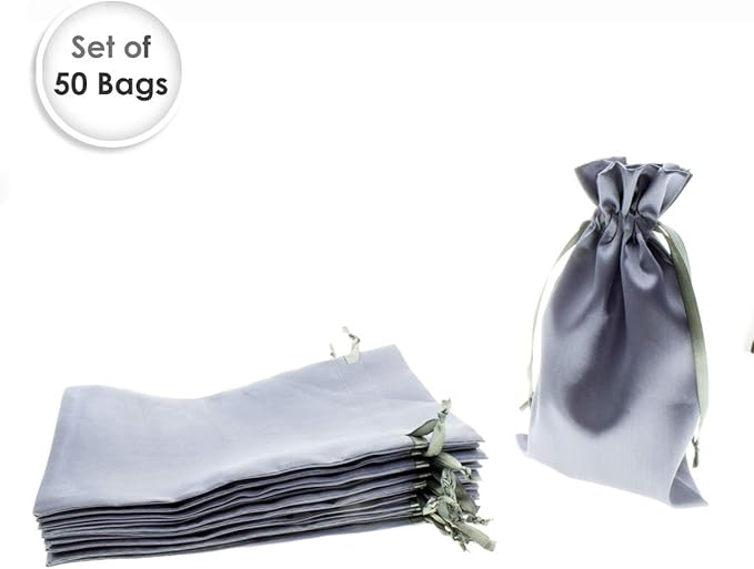 3" x 4" Silver Satin Gift Bags, Jewelry Bags, Wedding Favor Silky Drawstring Baby Shower Christmas 50 per Pack