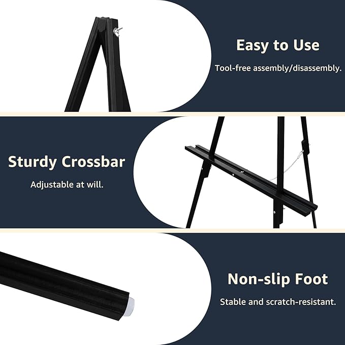 NianFeng Wooden Easel Stand for Sign, Easel Display Stand Floor for Wedding Sign with Adjustable Tray, 63-Inch, Tripod A-Frame Poster Light Duty, Welcome, Art Show & Baby Shower (Black)