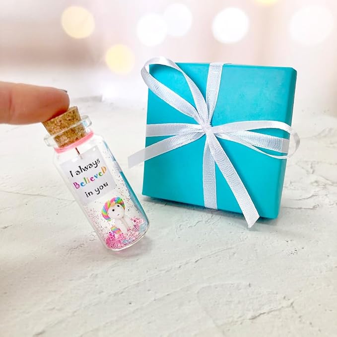 Kseniya Revta Inspirational Message in a Bottle Gift Idea - Classy Gifts for Friends and Family - Unique Boyfriend Girlfriend Presents (White Unicorn - I Always Believed in You, in Teal Gift Box)