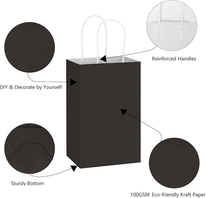 Toovip 50 Pack 5.25x3.25x8.25 Inch Small Black Kraft Paper Bags with Handles Bulk, Gift Wrap Bags for Favor Grocery Retail Party Birthday Shopping Business Goody Craft Merchandise Take Out Cub Sacks
