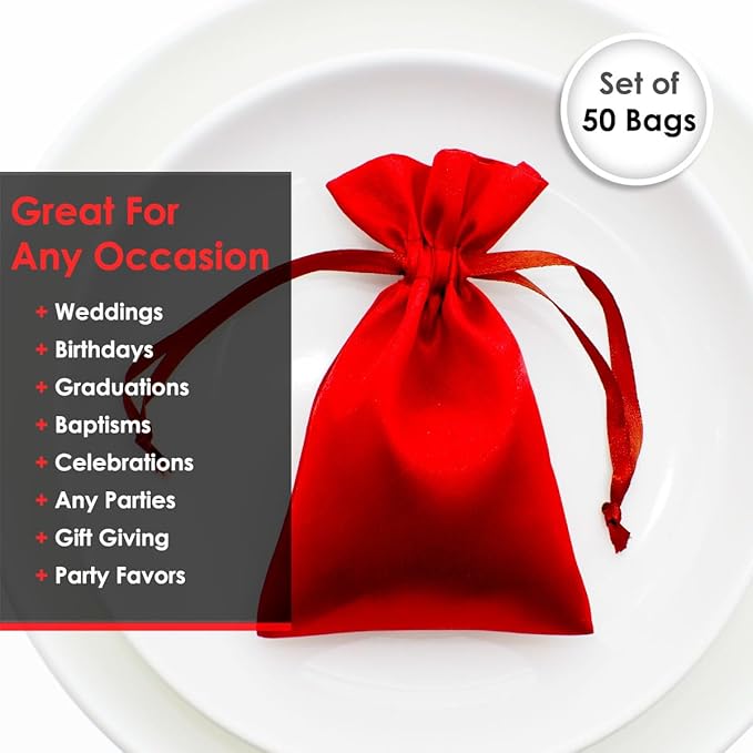 3" x 4" Red Satin Gift Bags, Jewelry Bags, Wedding Favor Silky Drawstring Baby Shower Christmas 50 per Pack