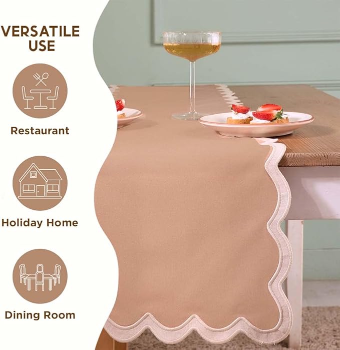 Folkulture Table Runners | Fall Table Runner 90 inches Long | Scallop Table Runner for Fall Decor or Boho Decor | Brown Table Runners for Dining Room | Thanksgiving Decorations for Home