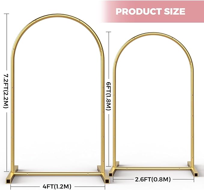 Gold Metal Arch Backdrop Stand Set of 2 with Balloons All Accessories Metal Arched Backdrop Frame for Chrismas Ceremony Parties Bithday Decoration (7.2FT, 6FT)