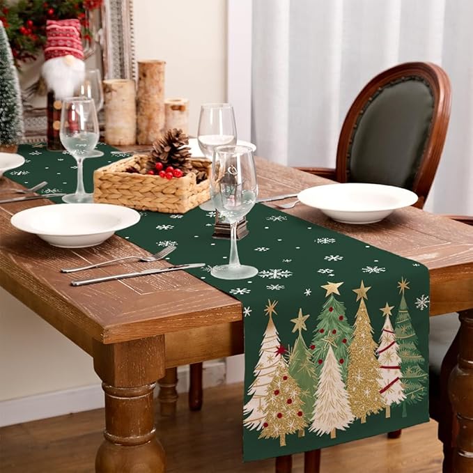 GEEORY Christmas Table Runner 13x108 Inch, Xmas Trees Snowflakes Holiday Decorative Farmhouse Table Decoration for Kitchen Dinning, Indoor Outdoor Dinner Party Decor (Green) GT152-108