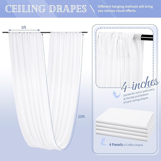 4 Panels White Ceiling Drapes for Wedding 5ftx20ft Chiffon Fabric Arch Draping Curtains for Party Ceremony Birthday Baby Shower Reception Stage Ceiling Decorations