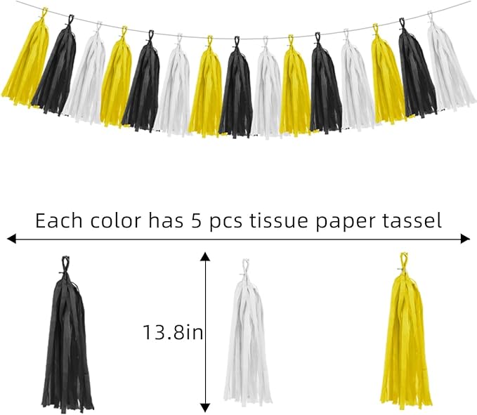 Yellow White Black Party Decorations - 15pcs Tissue Paper Tassel Garland for Birthday Baby Bridal Shower Wedding Graduation Hanging Decor HongTongTong