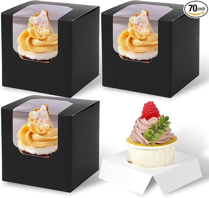 JCD 70 packs Black Cupcake Boxes Individual Cupcake Container 3.5" x 3.5" x 3.5" Auto-Pop up Single cake Box (70 Boxes+70 Inserts) (Black/70Pcs)