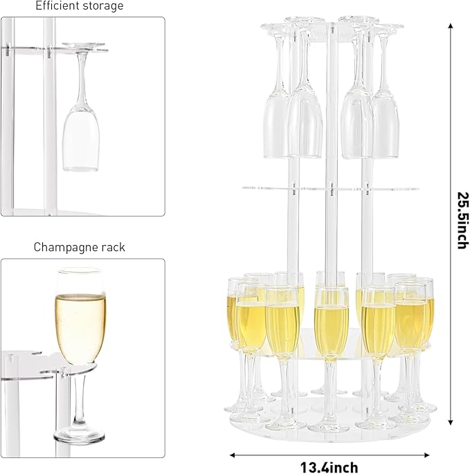 Champagne Tower, Circle Acrylic Champagne Display Rack Stand with 28 Slots, 3 Tier Floating Sight Champagne Flute Holder for Party, Wedding, School, Celebration, 13.4x13.4x25.5 inch