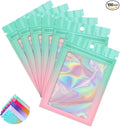 Funfery 100 Pack Gradient Holographic Bags,Mylar Resealable Bags with Zipper,Clear Window Packaging Pouchs,Smell Proof Foil Bag for Food Storage,Sample Jewelry Baggies(4.7×7In,Green Pink)