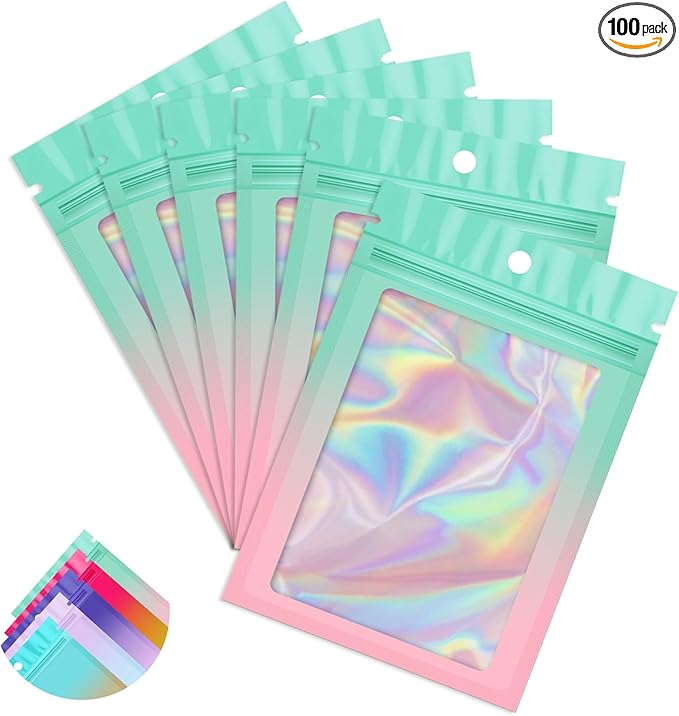 Funfery 100 Pack Gradient Holographic Bags,Mylar Resealable Bags with Zipper,Clear Window Packaging Pouchs,Smell Proof Foil Bag for Food Storage,Sample Jewelry Bag(2.7x3.9In,Green Pink)