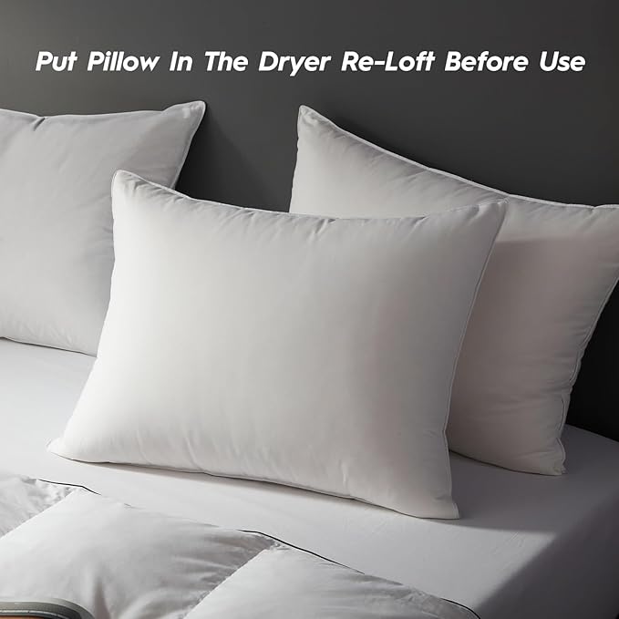 Globon Ultra Soft Down Pillow Queen Size Set of 2, All Down Filled Bed Pillow for Sleeping, 100% Cotton Shell 500 Thread Count, Soft Hotel Collection Down Feather Pillow 20" x 30"
