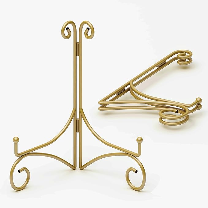 10 Inch Display Plate Stand with Folding Design, Metal Plate Holder for Tables, Picture Easel for Home Decoration, Photo Frame Stand, 10'' Gold, 2-Pack