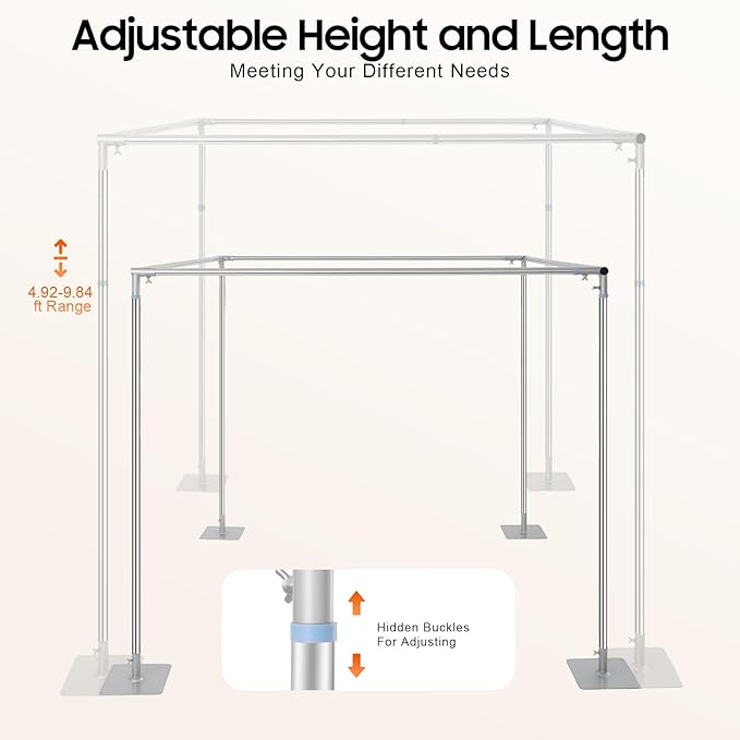 Wedding Backdrop Stand 4 Post,5ft~10 ft Adjustable Wedding Hardware Kit Chuppah Canopy Detachable Metal Background Frame Photo Booth for Party Wedding Ceremony Event