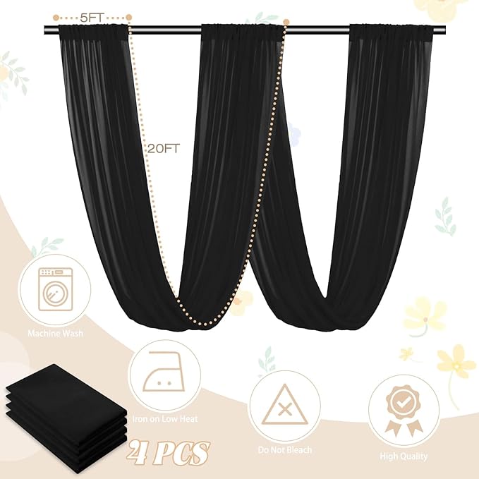 FUHSY Ceiling Drapes Black Wedding Arch Draping Sheer Backdrop Curtains for Parties 4 Panels 5x20 FT Chiffon Fabric for Drapey Tulle Curtains Tent Ceiling Fabric Draping Fabrics Decorations
