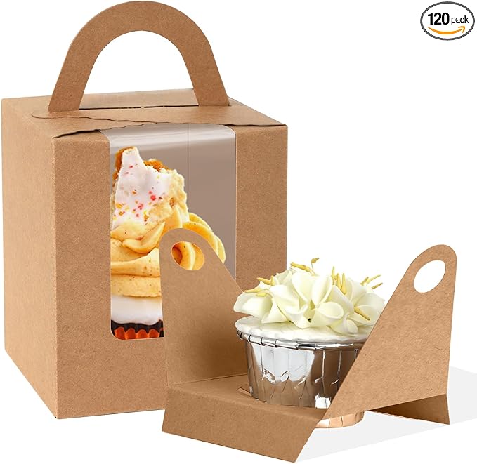 JCD Cupcake Boxes Kraft Paper, 120pcs Portable Cupcakes Holder Containers,Individual Cupcake Container Brown with Window Insert and Handle, Pastry Box Muffins Holder for Bakery Wrapping (Brown/120Pcs)