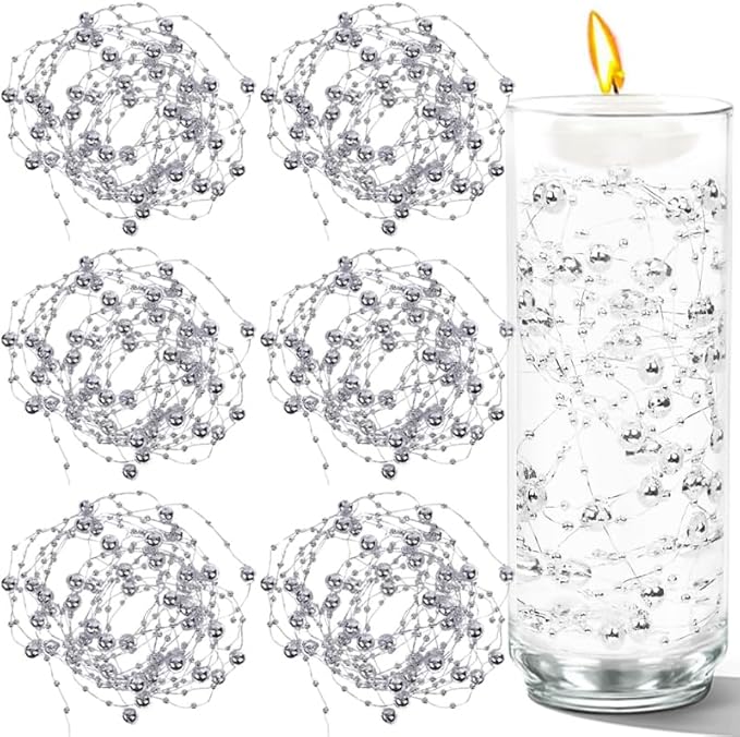 50 PCS Artificial Floating Beads for Centerpieces Vases, Silver 8+3mm String Beads for Wedding Party Faux Pearl String for Decorating, String Pearls for Crafts Vase Filler