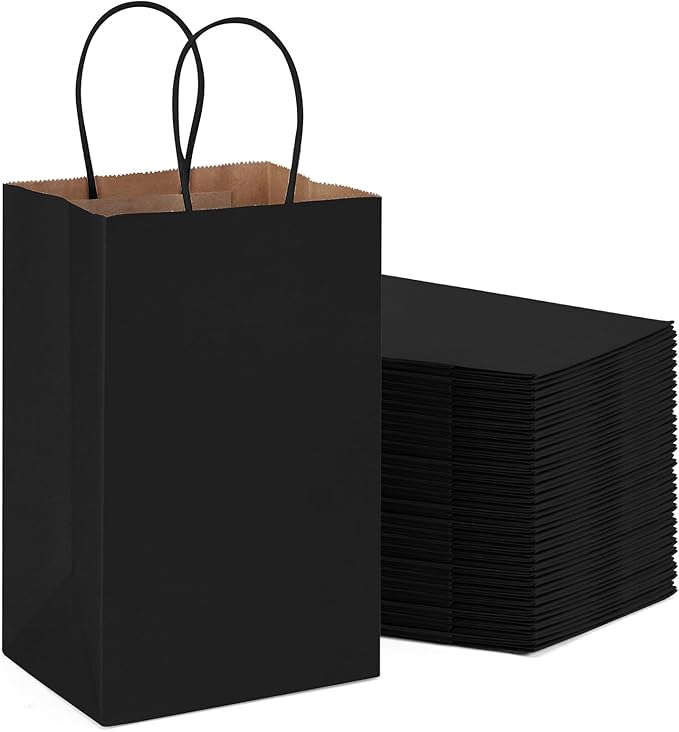 METRONIC Kraft Paper Gift Bags with Handles 5.25x3.75x8 Inch 600 Pcs | Christmas, Birthday Party Favors, Retail Shopping, Small Business Bulk | Black Gift Wrap Bag