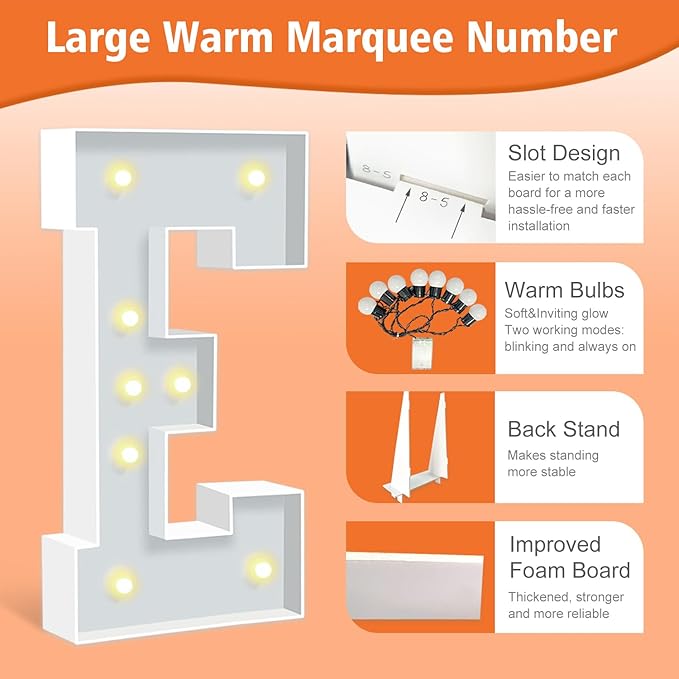 Marquee Light Up Letters E, 3FT Foam Board Mosaic Balloon Letters with Light Bulbs, Large Marquee Letter for Birthday Festival Party, Marry Me Light Up Letter for Wedding Engagement Party Decor