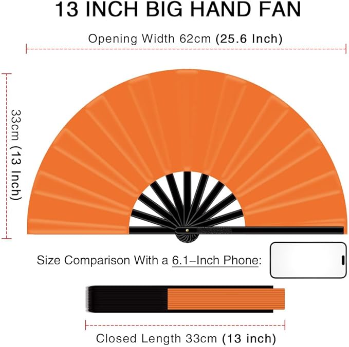 13" Large Folding Rave Fan with Holster, Clack Hand Fans Foldable for Line Dancing, Boots On The Ground Fan for Women Men Festival EDM Party Decoration, Orange 2 Pack