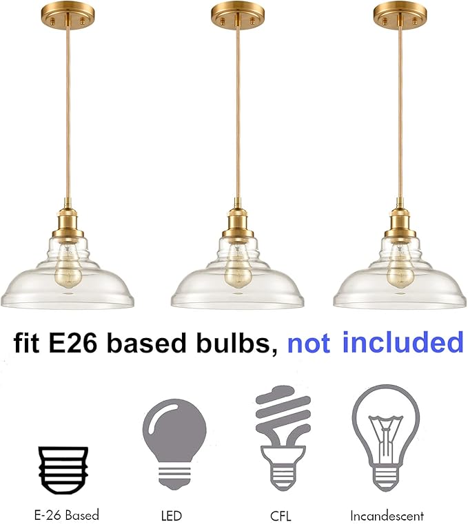 CLAXY Modern Gold Pendant Light Classic Glass Dome Kitchen Hanging Light Fixture-3 Pack